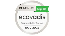 A grey circle surrounds text reading 'Platinum Top 1% EcoVadis Sustainability Rating Nov 2025'