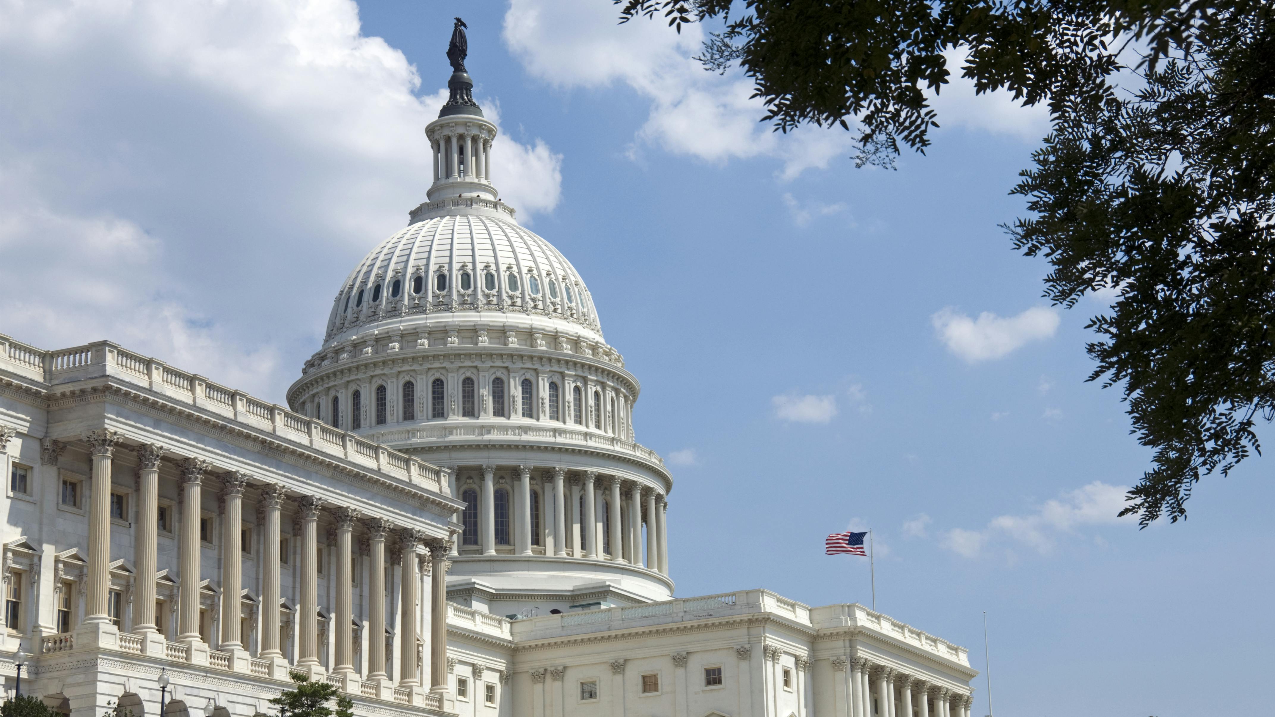 The U.S. Capitol Building with white domes and pillars and an American flag against a blue sky
