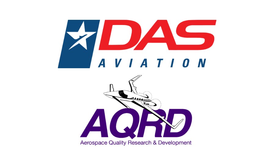 A red and blue logo that reads 'DAS Aviation' sits above a purple logo featuring text saying 'AQRD Aerospace Quality Research & Development' with an illustration of an airplane