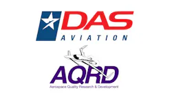 A red and blue logo that reads 'DAS Aviation' sits above a purple logo featuring text saying 'AQRD Aerospace Quality Research & Development' with an illustration of an airplane