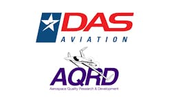 A red and blue logo that reads 'DAS Aviation' sits above a purple logo featuring text saying 'AQRD Aerospace Quality Research & Development' with an illustration of an airplane A red and blue logo that reads 'DAS Aviation' sits above a purple logo featuring text saying 'AQRD Aerospace Quality Research & Development' with an illustration of an airplane