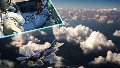 A close-up shot of a pilot with avionics sits in the corner of a wider shot of an airplane and a drone flying among grey clouds