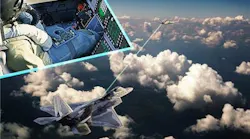 A close-up shot of a pilot with avionics sits in the corner of a wider shot of an airplane and a drone flying among grey clouds