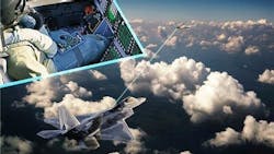A close-up shot of a pilot with avionics sits in the corner of a wider shot of an airplane and a drone flying among grey clouds A close-up shot of a pilot with avionics sits in the corner of a wider shot of an airplane and a drone flying among grey clouds