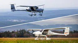 An image shows two horizontal photographs stitched together: one of a white airplane flying over water and another of a white airplane flying over a field of grass