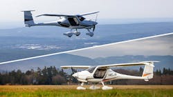 An image shows two horizontal photographs stitched together: one of a white airplane flying over water and another of a white airplane flying over a field of grass An image shows two horizontal photographs stitched together: one of a white airplane flying over water and another of a white airplane flying over a field of grass