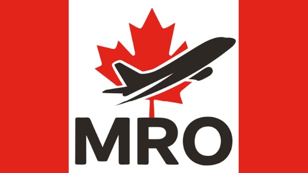 An illustration of the Canadian flag with an airplane in front of the Maple leaf and text that reads 'MRO'