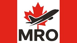 An illustration of the Canadian flag with an airplane in front of the Maple leaf and text that reads 'MRO' An illustration of the Canadian flag with an airplane in front of the Maple leaf and text that reads 'MRO'