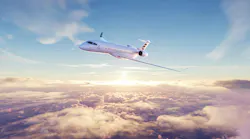 A Global 8000 airplane flying in front of a blue sky with sun and clouds
