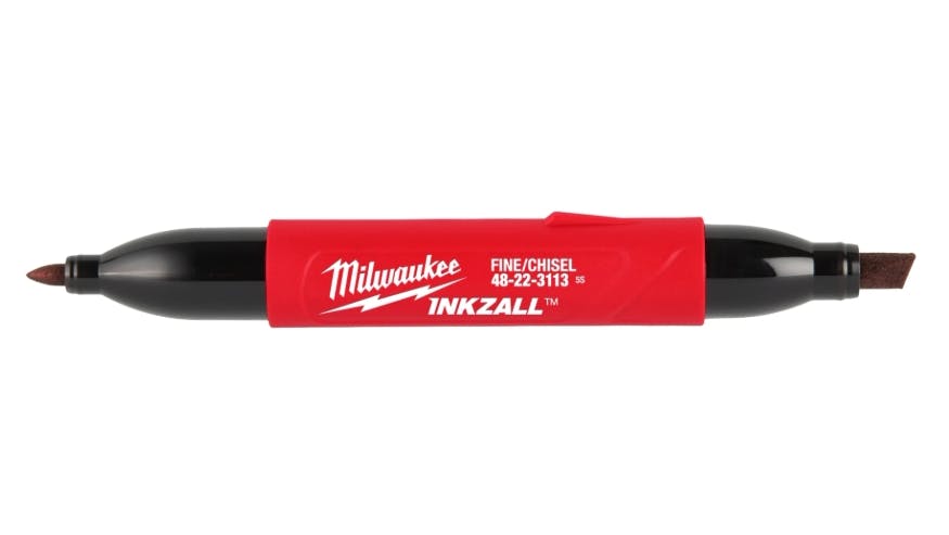 A fat red pen with black tips on either side that features white text that reads, 'Milwaukee Tool INKZALL Fine/Chisel'