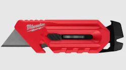 A black and red utility knife with a grey blade and a white logo on it that says 'Milwaukee'
