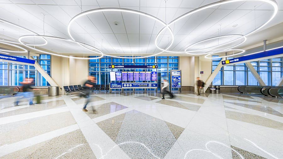 New terrazzo flooring and dynamic lighting are some of the interior improvements in Terminal 1 as part of the Airport Modernization Program at MSP Airport. Courtesy of the Metropolitan Airports Commission