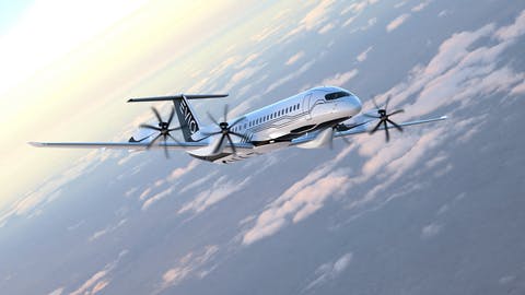 A chrome-colored airplane with several propellers flies in front of a blue sky with white clouds