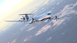 A chrome-colored airplane with several propellers flies in front of a blue sky with white clouds A chrome-colored airplane with several propellers flies in front of a blue sky with white clouds