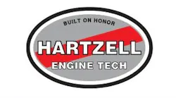 A grey oval with a red slash through it and text that reads: Built on Honor Hartzell Engine Tech'