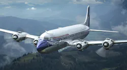 A DC-6 aircraft with a blue nose and red stripes flies over dark mountains and trees