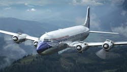 A DC-6 aircraft with a blue nose and red stripes flies over dark mountains and trees A DC-6 aircraft with a blue nose and red stripes flies over dark mountains and trees