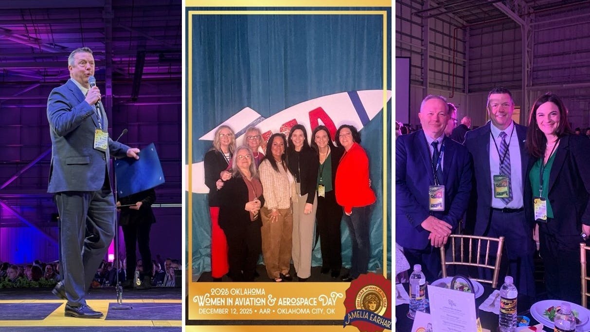 A set of three photos shows a man in a suit on stage speaking, a group of women standing over a sign that reads '2026 Oklahoma Women in Aviation Day' and three people in business attire standing near a table and smiling