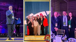 A set of three photos shows a man in a suit on stage speaking, a group of women standing over a sign that reads '2026 Oklahoma Women in Aviation Day' and three people in business attire standing near a table and smiling