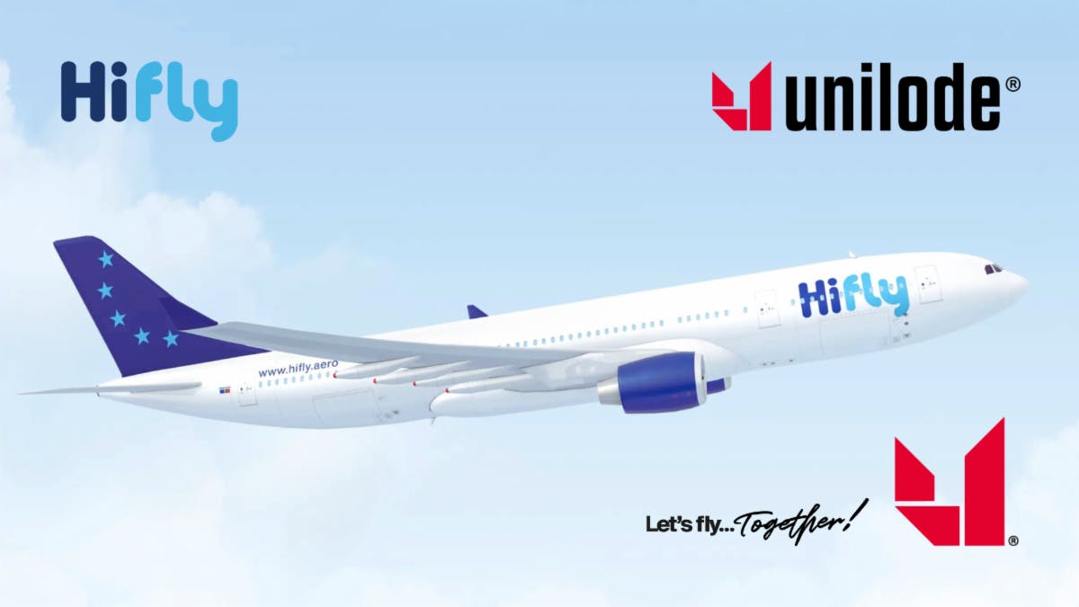 A graphic with a white airplane floating against a blue background, with floating text that reads, 'HiFly Unilode Let's fly Together!'