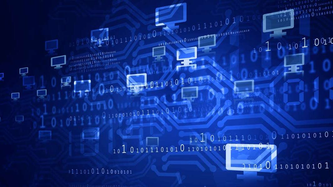 A graphic shows a blue background with icons of desktop computer screens and 1's and 0's