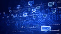 A graphic shows a blue background with icons of desktop computer screens and 1's and 0's A graphic shows a blue background with icons of desktop computer screens and 1's and 0's