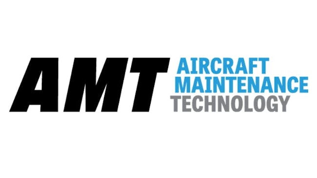 Black text that reads, 'AMT' with blue and grey text that reads, 'Aircraft Maintenance Technology'