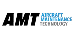 Black text that reads, 'AMT' with blue and grey text that reads, 'Aircraft Maintenance Technology'
