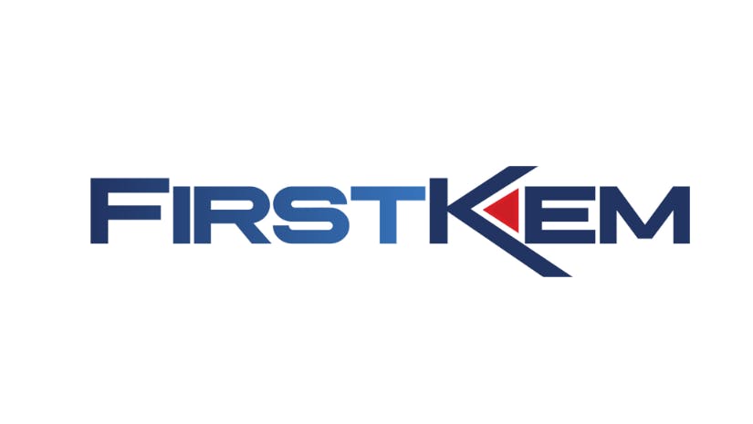 A black, blue, and red logo that reads, 'FirstKem'