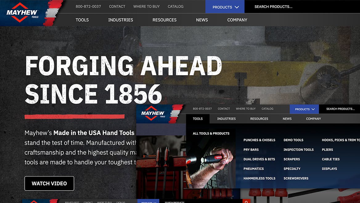 A website homepage with the logo 'Mayhew Tools' and large text that reads, 'Forging ahead since 1856'