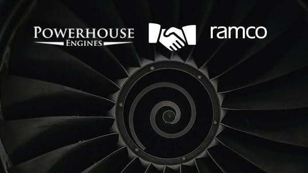 A logo that reads 'Powerhouse Engines' and another that reads 'Ramco' sit above a photo of an aircraft engine with an icon of two hands in a handshake between the logos
