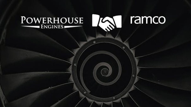 A logo that reads 'Powerhouse Engines' and another that reads 'Ramco' sit above a photo of an aircraft engine with an icon of two hands in a handshake between the logos