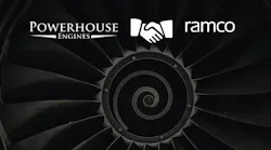A logo that reads 'Powerhouse Engines' and another that reads 'Ramco' sit above a photo of an aircraft engine with an icon of two hands in a handshake between the logos