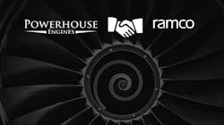 A logo that reads 'Powerhouse Engines' and another that reads 'Ramco' sit above a photo of an aircraft engine with an icon of two hands in a handshake between the logos A logo that reads 'Powerhouse Engines' and another that reads 'Ramco' sit above a photo of an aircraft engine with an icon of two hands in a handshake between the logos