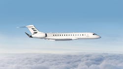 A white Bombardier Global 8000 airplane flies against a blue sky above a blanket of white clouds A white Bombardier Global 8000 airplane flies against a blue sky above a blanket of white clouds