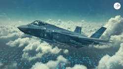 A graphic of a dark gray airplane flying above a lit-up power grid and white clouds A graphic of a dark gray airplane flying above a lit-up power grid and white clouds