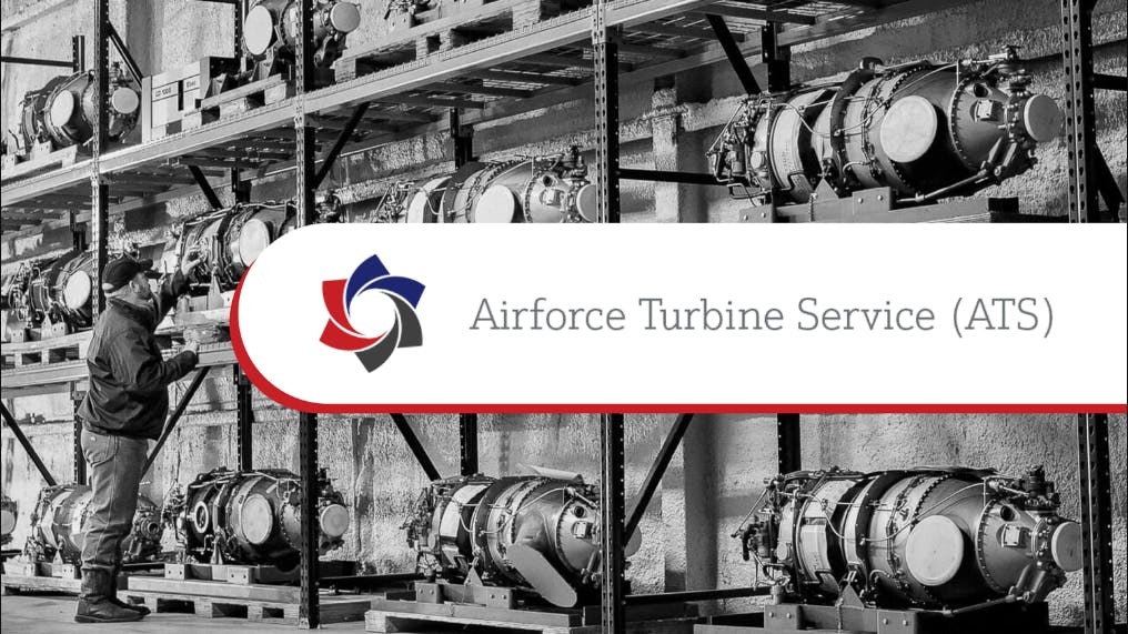 A red and black logo in a white banner with text that reads 'Airforce Turbine Services (ATS)' in front of a black-and-white background that shows aircraft engines on a wall