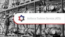A red and black logo in a white banner with text that reads 'Airforce Turbine Services (ATS)' in front of a black-and-white background that shows aircraft engines on a wall A red and black logo in a white banner with text that reads 'Airforce Turbine Services (ATS)' in front of a black-and-white background that shows aircraft engines on a wall