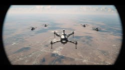 Five drones flying over desert Five drones flying over desert