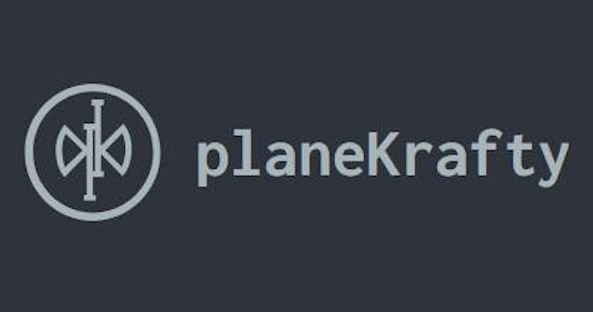 A dark gray logo with a geometric design and text that reads, 'planeKrafty'