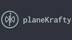 A dark gray logo with a geometric design and text that reads, 'planeKrafty'