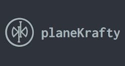 A dark gray logo with a geometric design and text that reads, 'planeKrafty' A dark gray logo with a geometric design and text that reads, 'planeKrafty'
