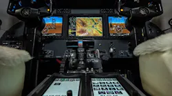 A flight deck with black hardware and an array of buttons and screens