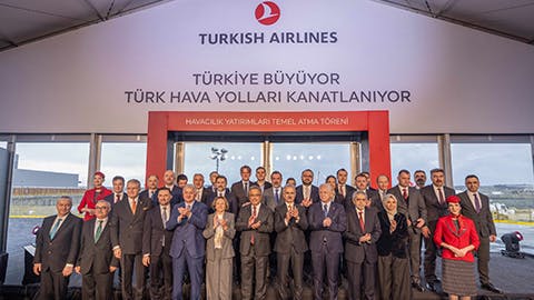 A large group of people wearing business attire stand in front of a building labeled 'Turkish Airlines' while smiling at the camera