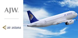 A white airplane flying against a blue sky next to two company logos that say, 'AJW Group' and 'Air Astana' A white airplane flying against a blue sky next to two company logos that say, 'AJW Group' and 'Air Astana'