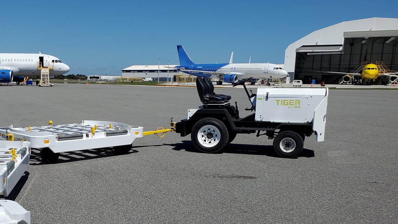 Electric baggage and cargo tractors, such as lithium-ion Tiger tow tractors, can tow more than 60,000 pounds with ranges of up to 75 miles on a single charge.