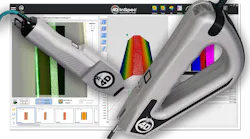 Two pieces of handheld technological equipment in front of a screen showing charts and heat maps with text at the top that reads: 4D InSpec