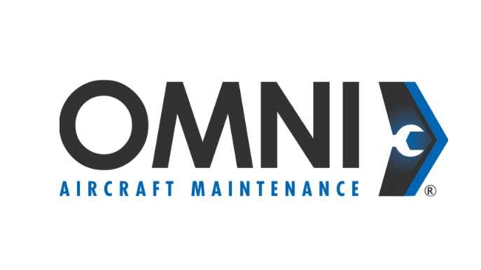 A logo featuring a blue arrow and white wrench with text that reads: Omni Aircraft Maintenance