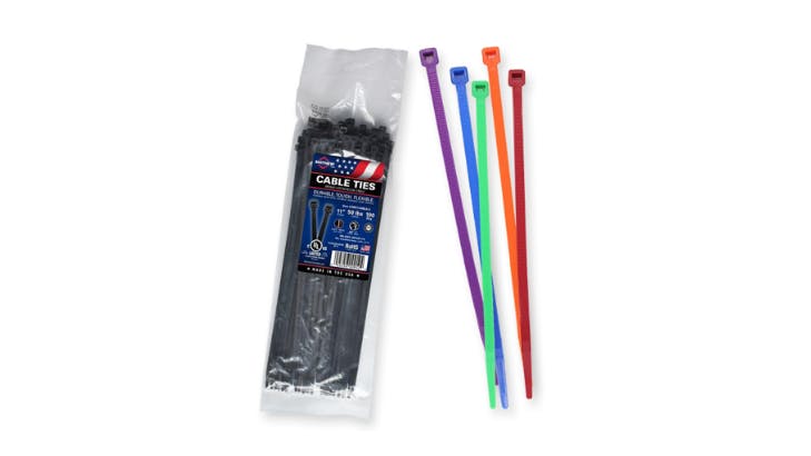 A group of purple, blue, green, orange and red cable ties next to plastic pouch with a label that reads: Cable Ties.