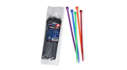 A group of purple, blue, green, orange and red cable ties next to plastic pouch with a label that reads: Cable Ties.